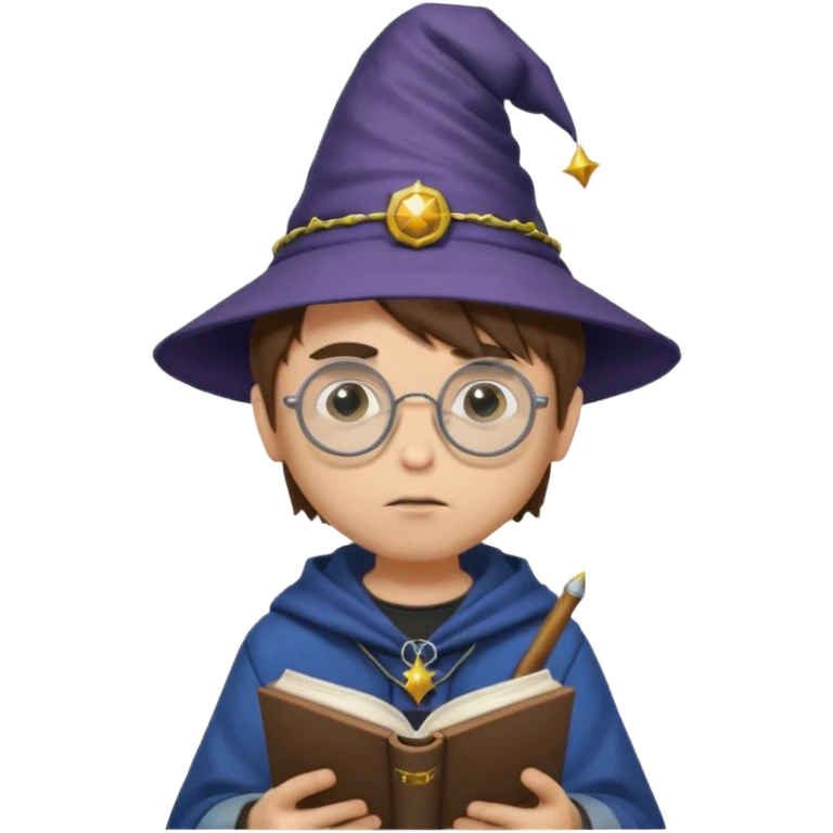 ["A sad boy with light skin, straight hair, wearing a wizard hat and round glasses, dressed in punk fashion, is reading a book while holding a phone."] emoji