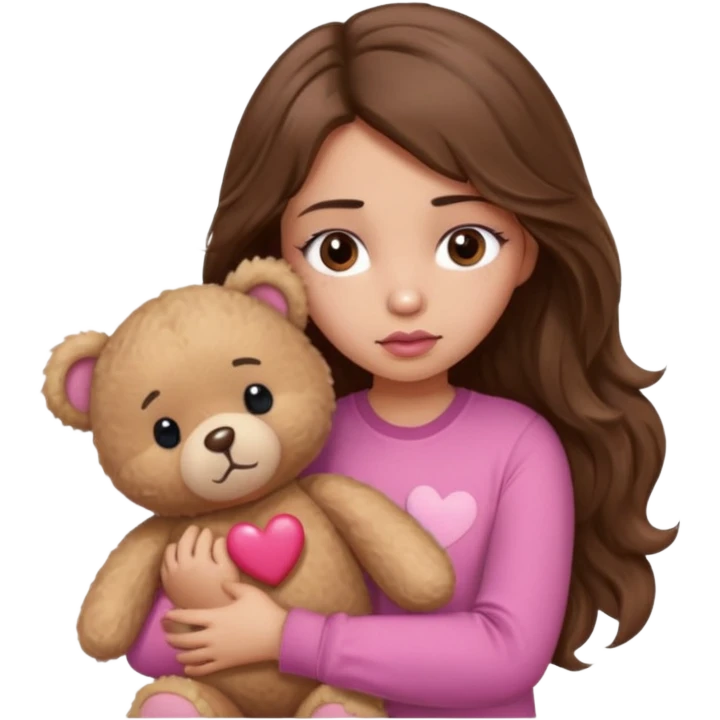 girl with long wavy brown hair, brown eyes, light to medium complexion, in a pink shirt, pink lips, long lashes, sad, hugging squeezing  a teddy bear with hearts emoji