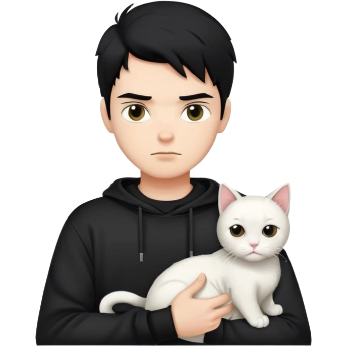 A bad boy with black hair wearing a sweatshirt holding a white cat emoji