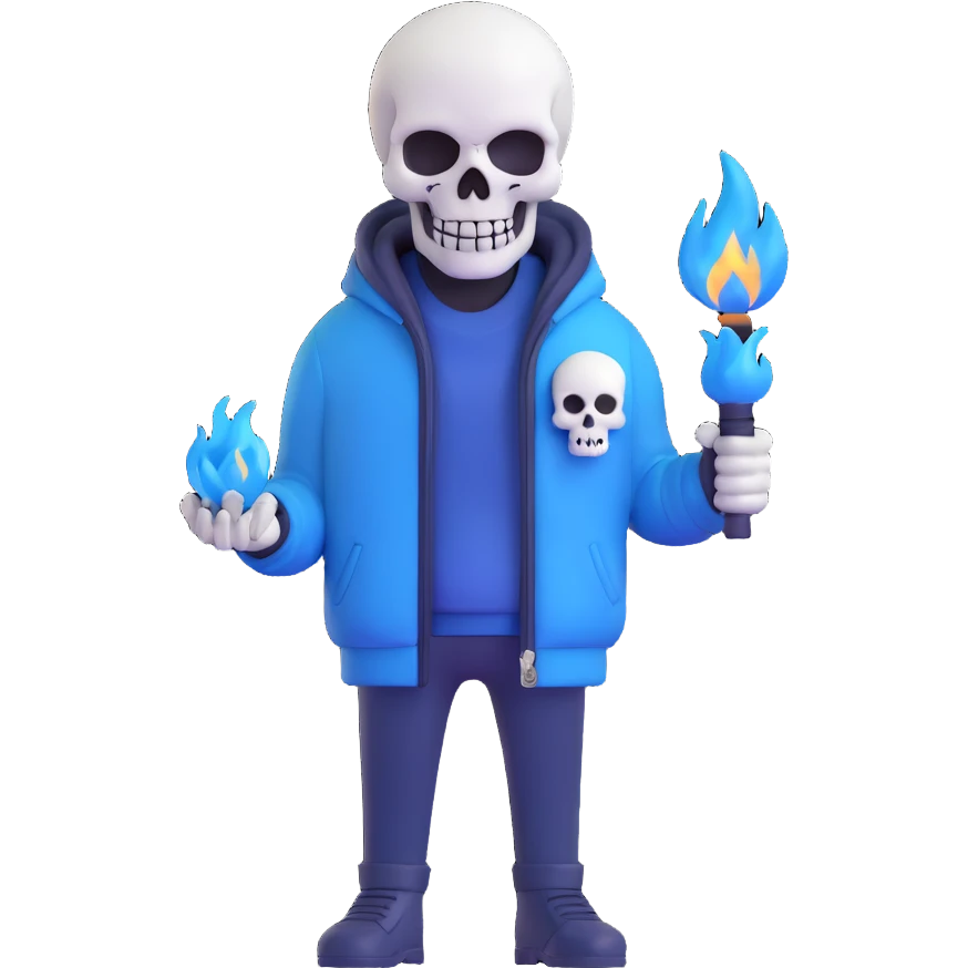 Sans character holding blue flame, white skull, blue jacket, simple background emoji