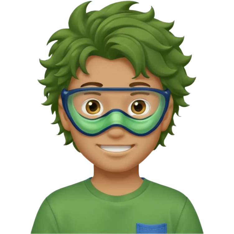 A teenage boy, tanned, wearing a green t-shirt , blue jeans and green sneakers with brown wavy tousled hair, smirking, wearing a green face mask emoji