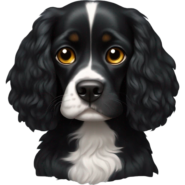 Small completely black king spaniel with black fur on his whole face and white stripe on chest emoji