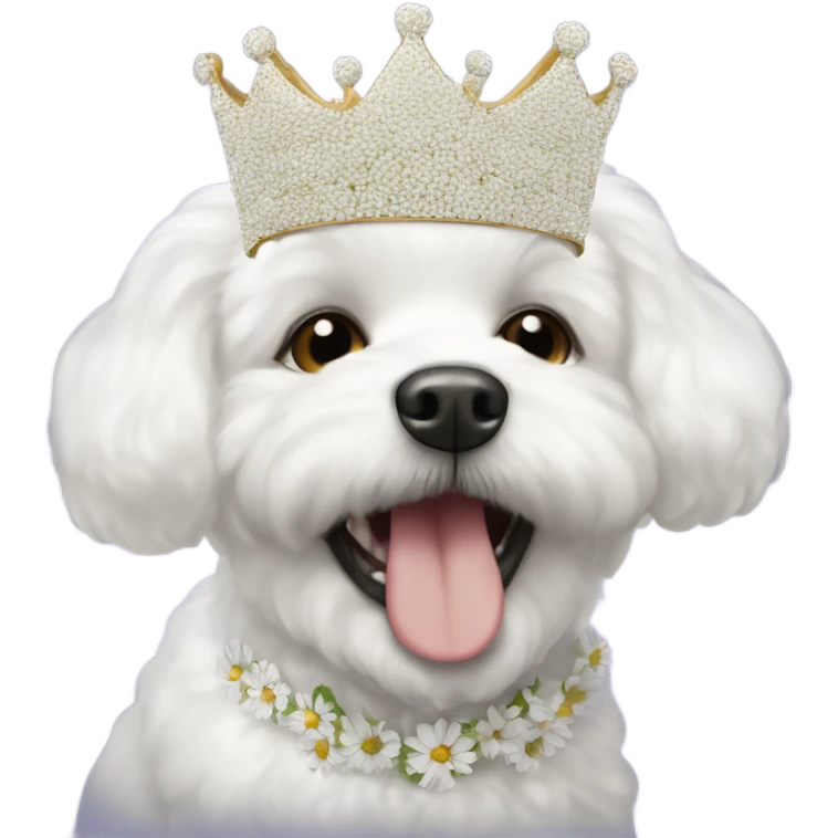 A happy bichon wearing a crown made of daisy flowers  emoji