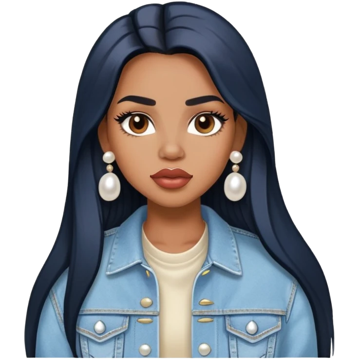 light brown skin tone, very beautiful woman, with big plump lips, long long lashes, black straight long hair, brown eyes, light blue denim jacket, pearl stud earrings emoji