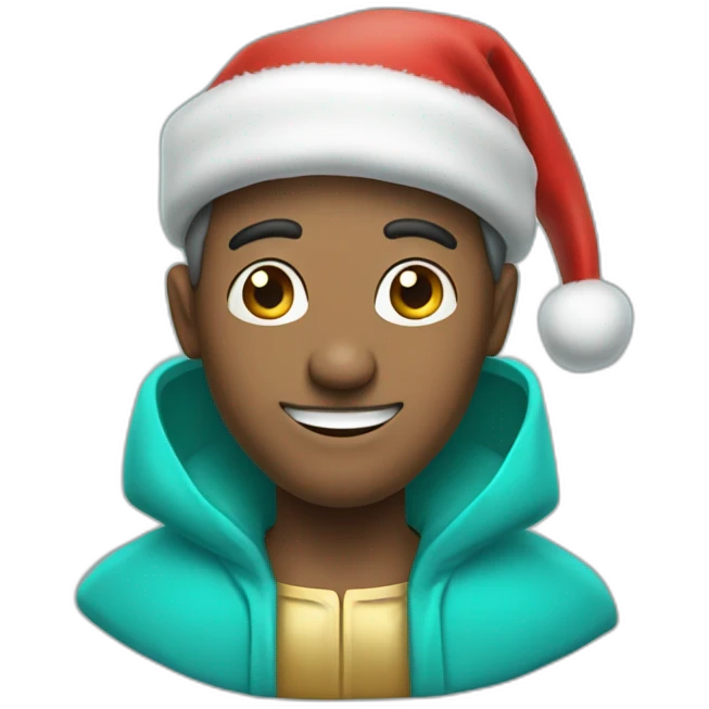 A man with a turquoise robe with a Santa Claus hat and a strange smile emoji