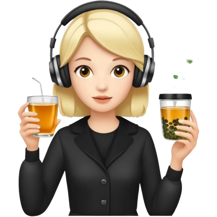 a young woman full length walks with headphones on with a caviar toast in one hand and herbal tea in the other hand emoji