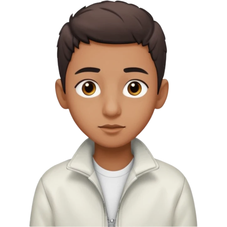 algerian teenage boy with very short gradient hair, brown eyes and long lashes, big nose and he is wear a white jacket emoji