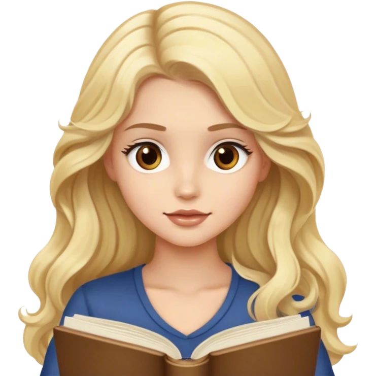 Blonde model with brown eyes, long wavy hair, reading a book emoji