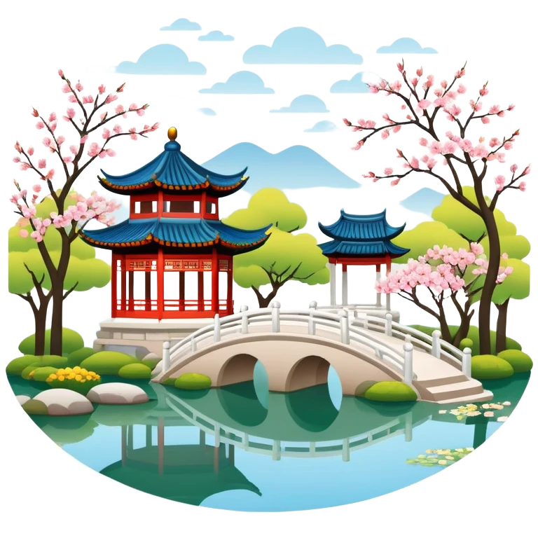 Suzhou garden with spring blossoms and pavilion by pond, simplified emoji style with bold outlines , emoji style traditional Chinese garden emoji