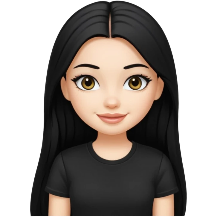 a pretty bratz fair girl with straight long black hair, wearing a black tshirt, smiling, eyeliner on emoji
