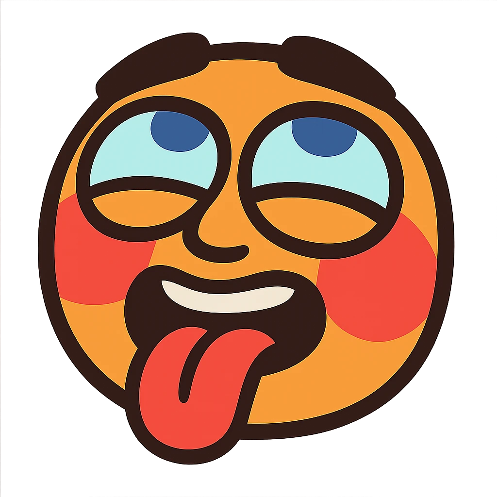 vibrant toon style blushing face with eyes rolled up and tongue out emoji