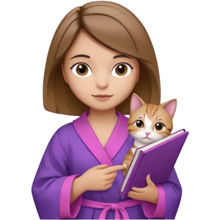 Девушка с короткими волосами до плеч русого цвета, с черными бровями, карие глаза, у неё фиолетовый халат, стоит в полный рост, в руках она держит розовую книгу, а возле ноги кот  emoji