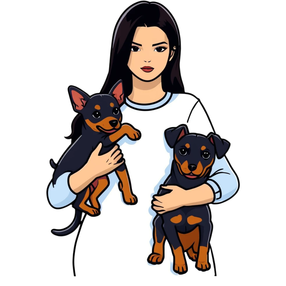 Kendall Jenner with long dark hair holds a Doberman Pinscher in her arms emoji