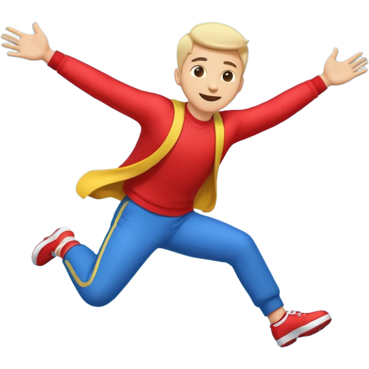 A cartoon-style emoji of a man flying backwards, leaning backward as if levitating from music, arms spread, energetic and joyful, simple bold lines, bright colors, minimal background, perfect for social media emoji, high contrast, small icon size emoji