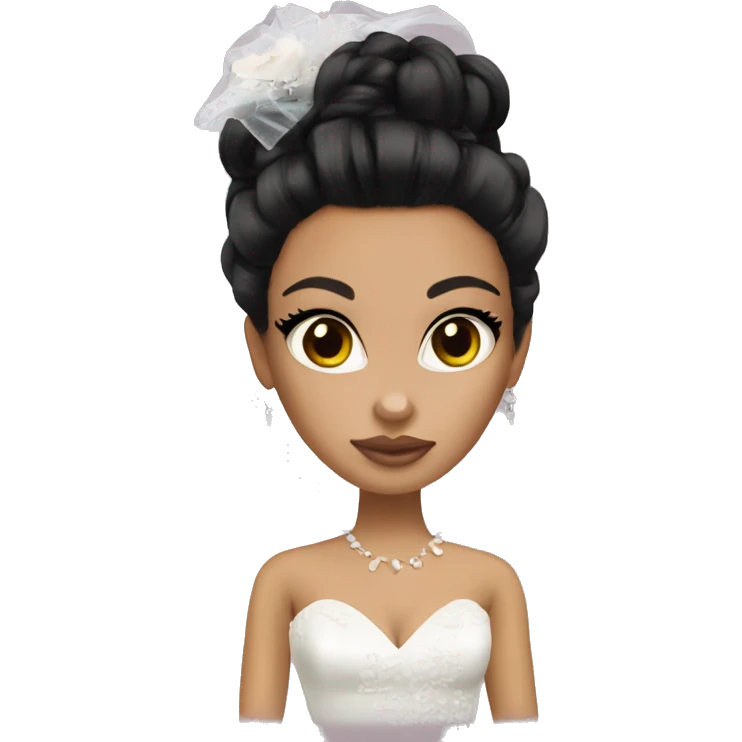 Bratz, bride, black updo hair, olive skin, brown almond cat eyes emoji