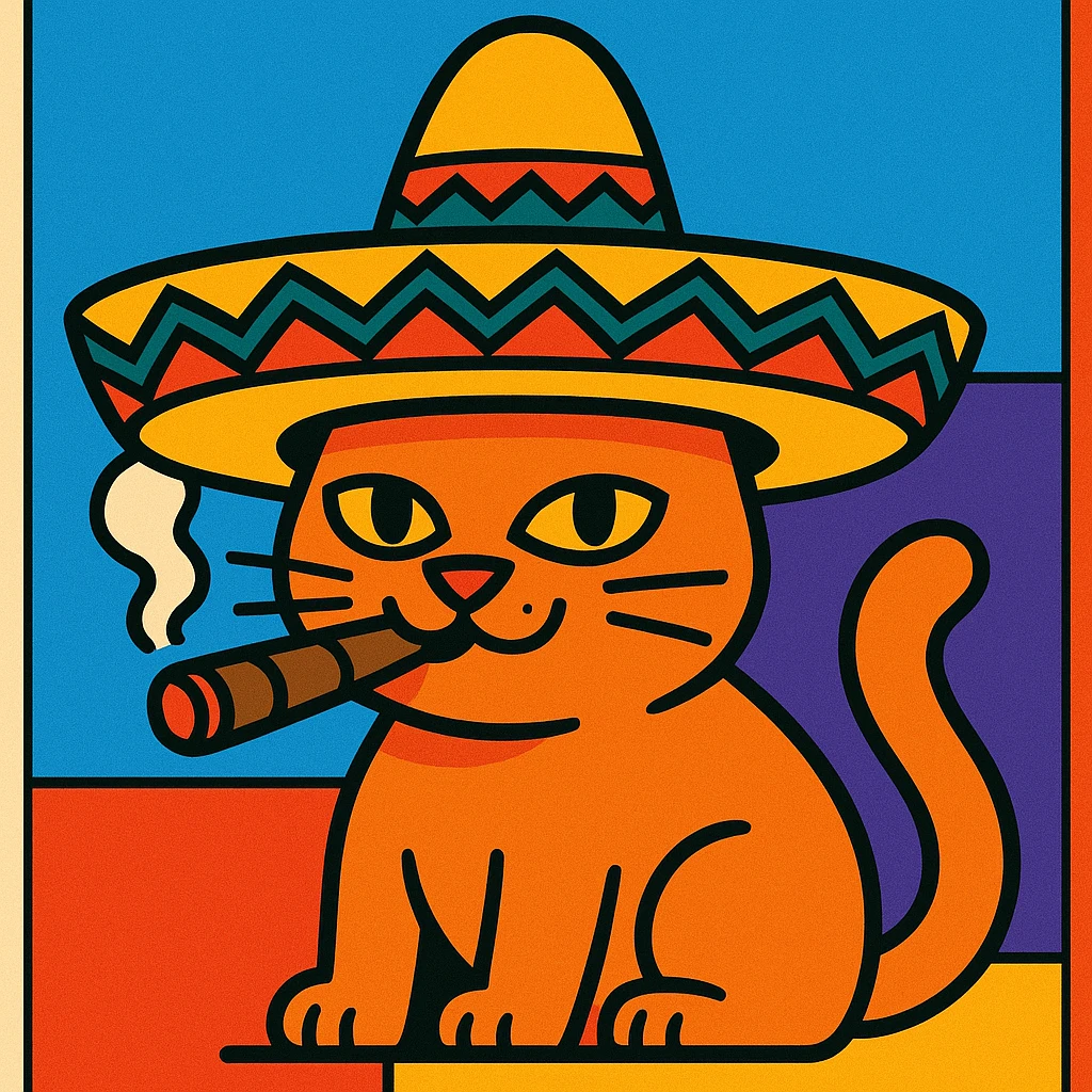 gato con sombrero y un puro, estilo cartoon colorido emoji