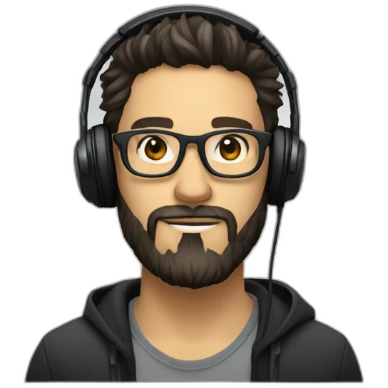 White music producer with dark hair, a scruffy beard, and glasses with round transparent frames, wearing headphones emoji