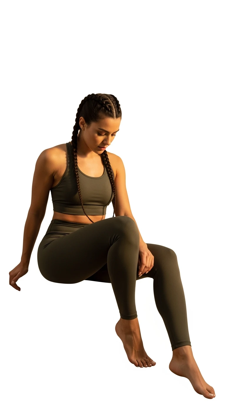 donna fitness con gambe stanche la sera, isolata su sfondo bianco emoji