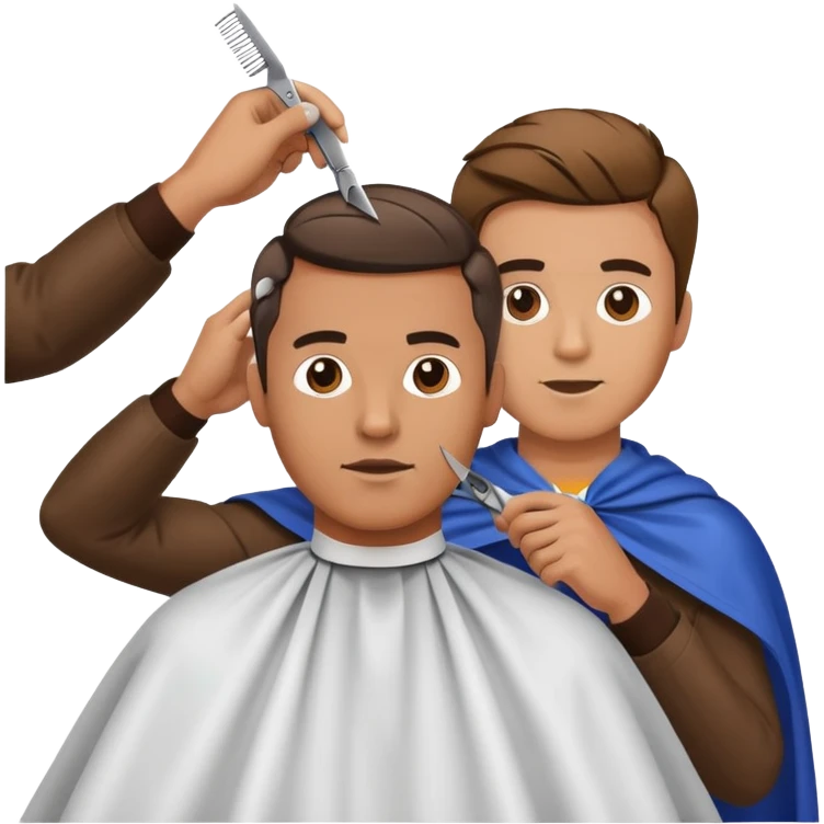 a man with a large face, wearing a barber cape, having his hair cut with scissors above his head emoji