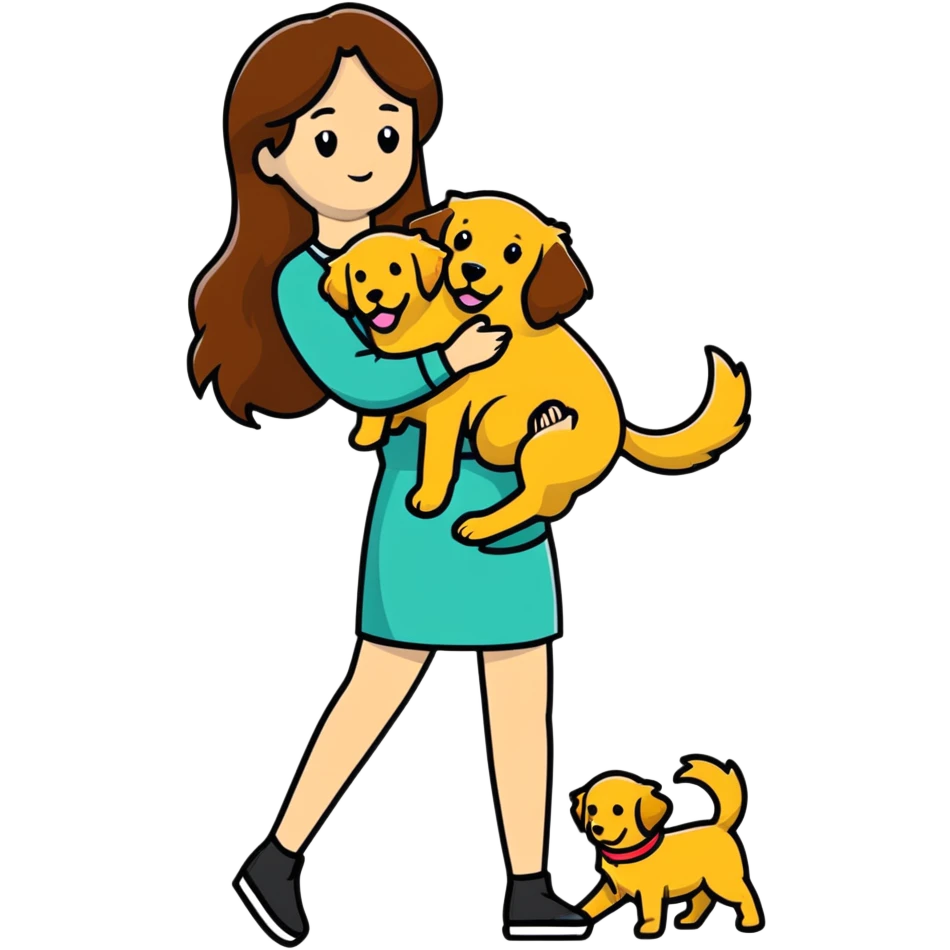 woman with long brown hair holding a golden retriever dog in her arms emoji