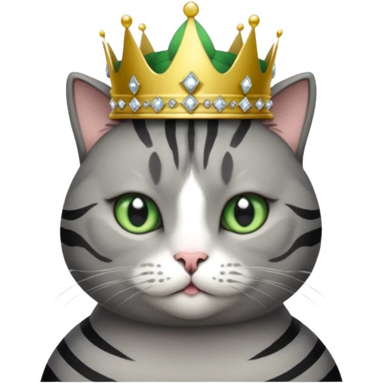 Gatito gris oscura con rayas negras ojos verdes vestida de reina con coronas y diamantes, más peluda y gordita  emoji