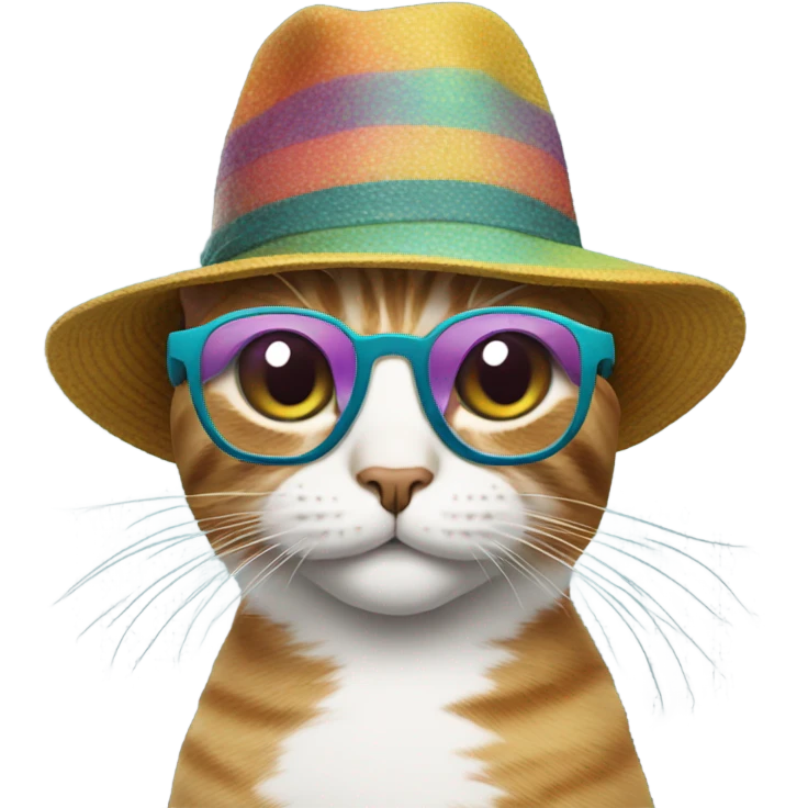 Cat wearing groovey glasses and a hat emoji
