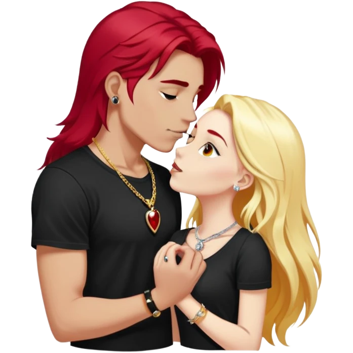 close-up of young couple kissing, girl with long cherry red hair and blonde eyebrows, gold A necklace, diamond ring, red bracelet, boy with stark white hair, silver ring with black stone, dark t-shirt emoji