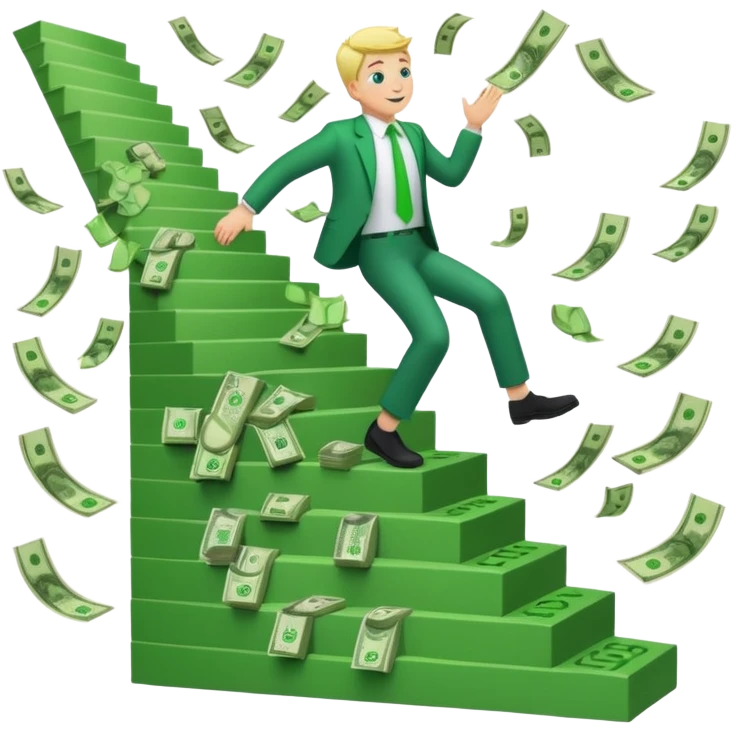 Emoji-style 3D illustration of a person climbing stairs made of money labeled “$10K” and “$20K”, with confetti and upward green arrows, bright optimistic lighting emoji