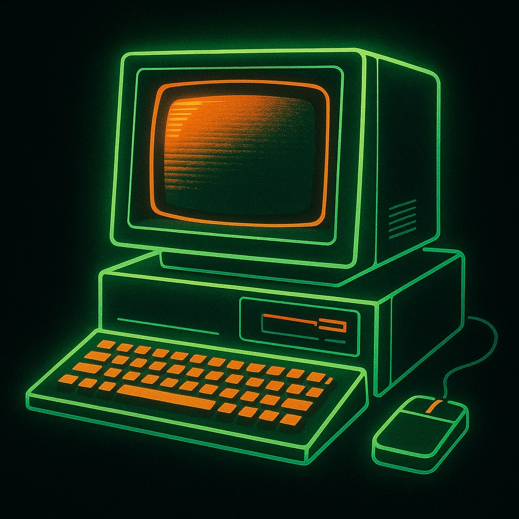 thumbnail of a computer, green and orange colors, black background, digital style emoji