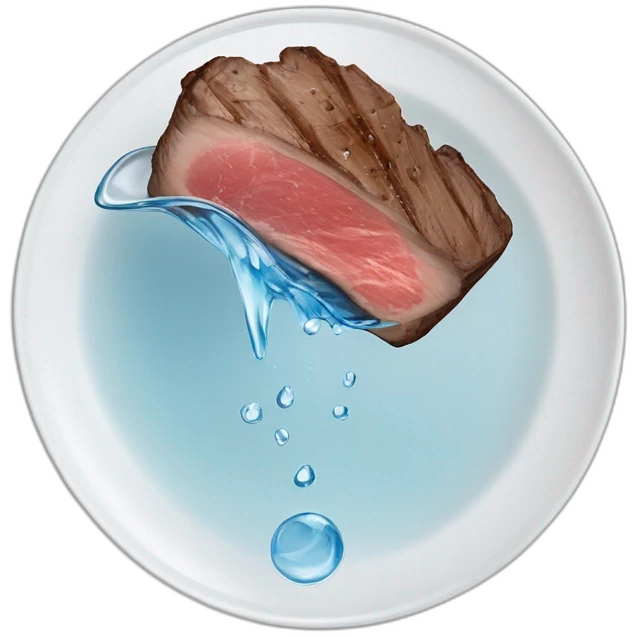 glass of water suspended horizontally in the air above a slice of rare steak on a plate, the water pouring out onto the top of the steak emoji