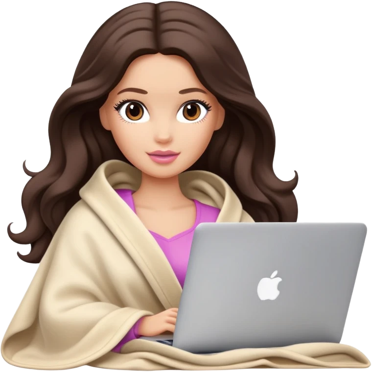 Barbie girl with a long wavy dark brown hair inside a pale beige blanket working macbook  emoji