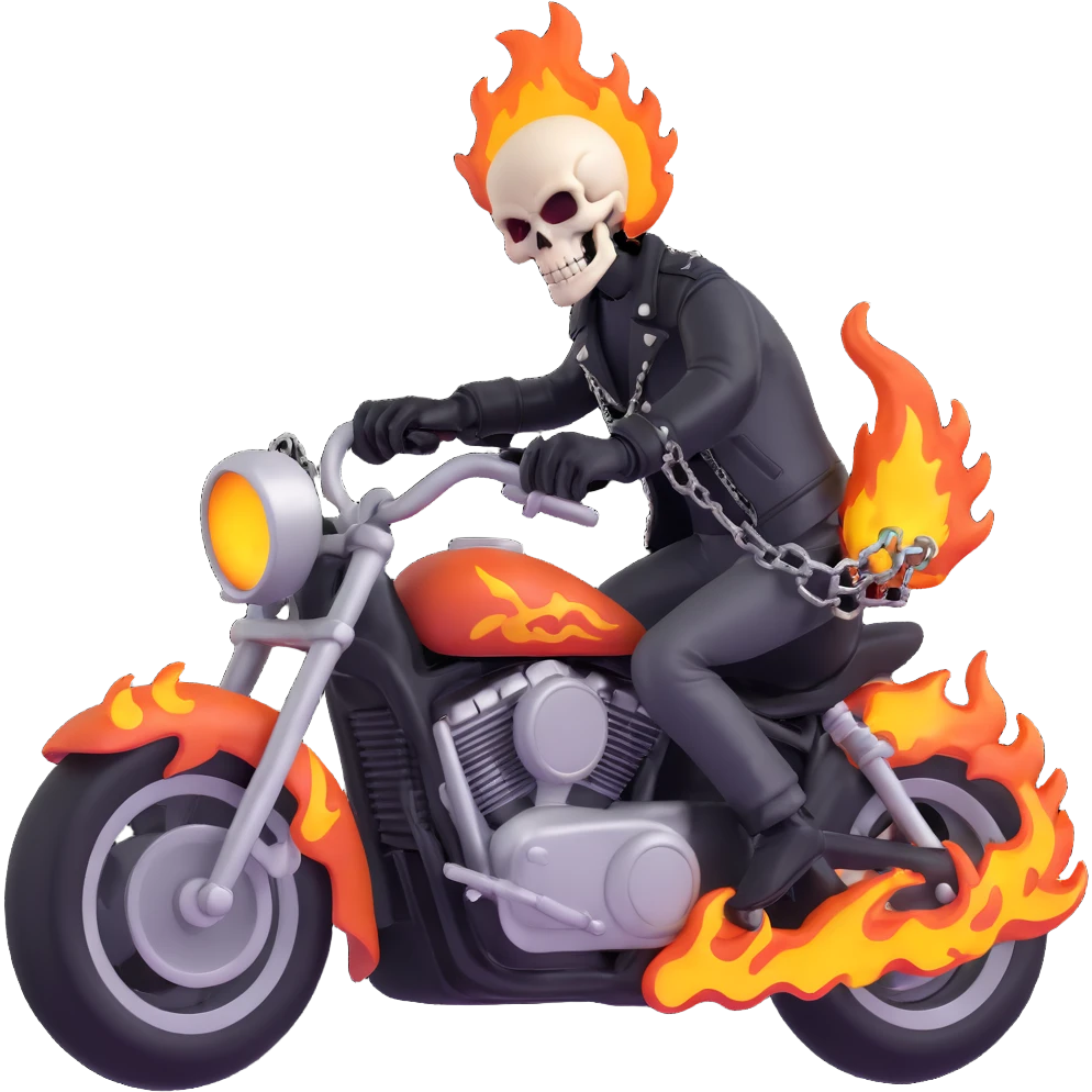 Ghost Rider with flaming skull, leather jacket, motorcycle chains, dramatic pose, 3D style emoji