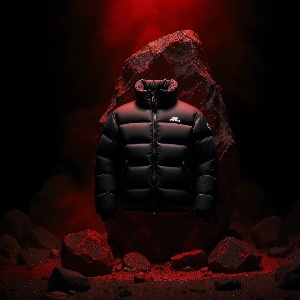 cinematic still of a front black puffer jacket around black stone with red coal temeperature environment, back red light, top light, shot by sony A7 III emoji