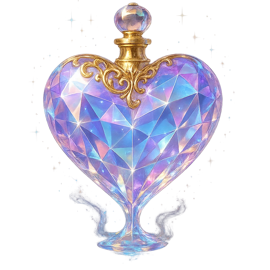 premium class crystal elixir bottle in heart shape, pastel gradient, lots of shine, facets, ornaments, golden details, magical effects, very small golden neck, transparent background, beautiful merging base, clearly floating in air, no ground or shadow, very luxurious, matching a collection emoji