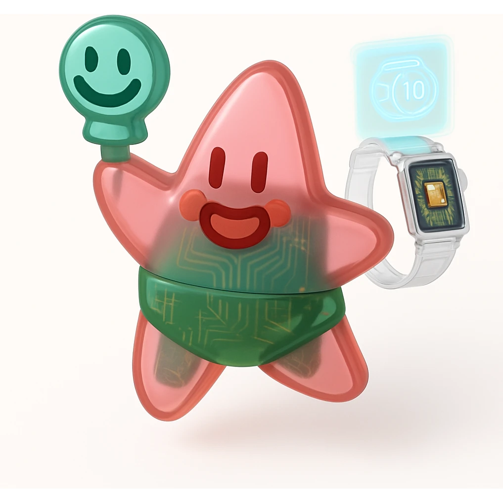 A futuristic smartwatch with holographic display and visible electronics emoji