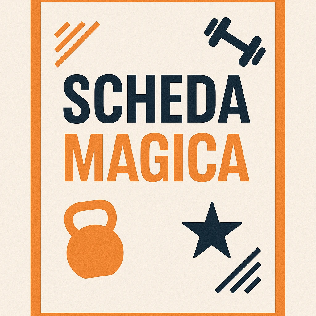 gym workout plan card with the text 'scheda magica' in modern typographic style, minimal sports decorations, energetic colors emoji