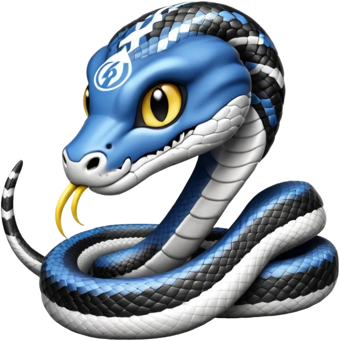 Кобра с чёрными и белыми глазами и чёрной и белой молниями из глаз. У неё чёрно-белая футбольная форма с надписью FangElite emoji