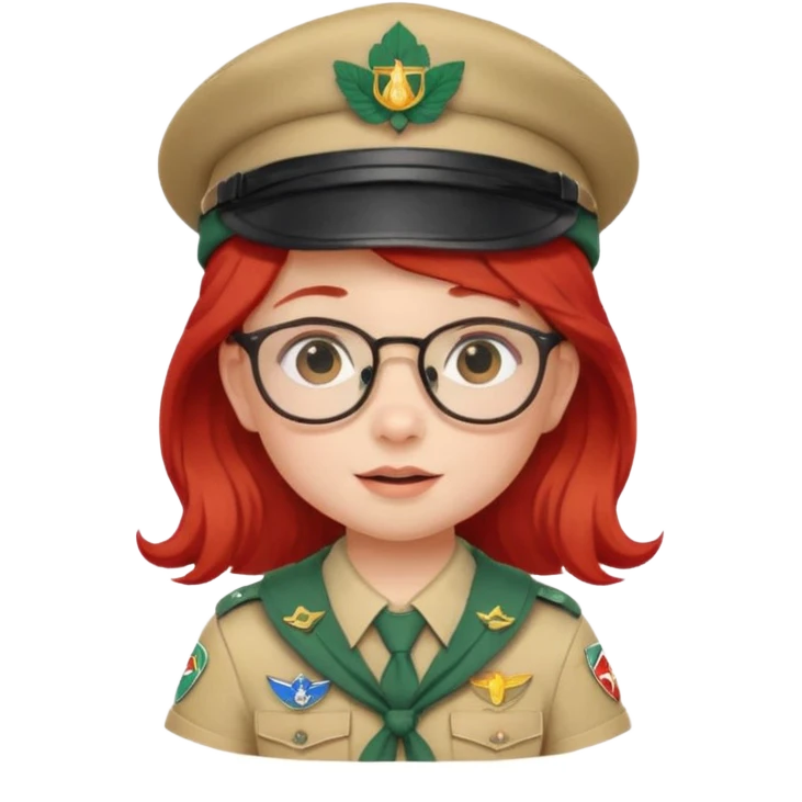 scout girl baby with uniform including the hat,  little with glassess and long red hair emoji