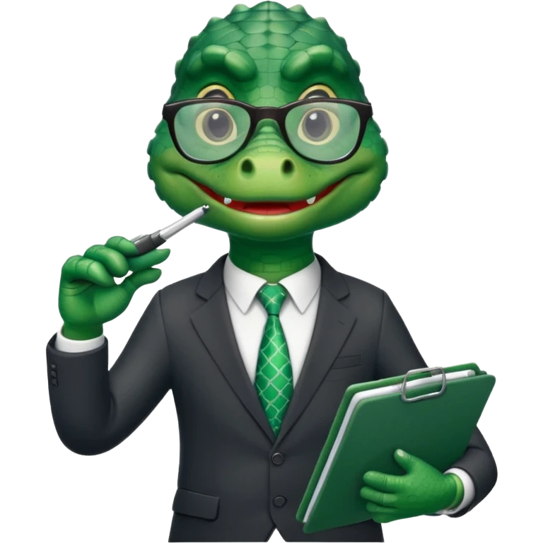 A cartoon alligator in a business suit with a clipboard and glasses emoji
