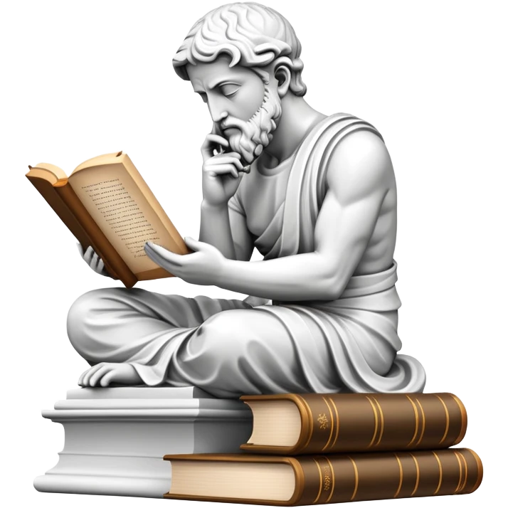 An icon featuring a Thinker statue, a scroll, symbolizing philosophy. The design includes books and abstract symbols representing deep thought and wisdom. Transparent background highlights the study of ideas, logic, and existential questions emoji