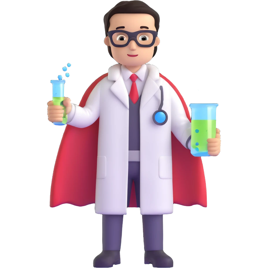 chemistry superhero with cape and lab coat holding a bubbling flask emoji