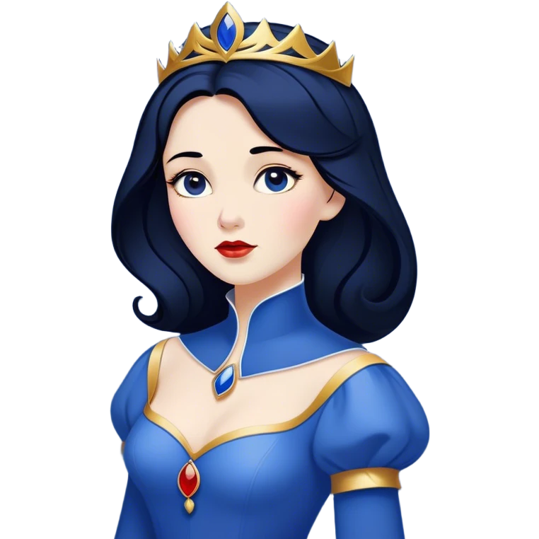 Cinematic Timeless Snow White Portrait Emoji, rendered in a clean, vector style. Depict Snow White with flawless porcelain skin, elegantly styled raven hair, and a serene, graceful expression, dressed in her classic blue and gold ensemble. The design features bold, simplified shapes, a soft, enchanting glow, and a subtle glowing outline, epitomizing pure, timeless beauty. emoji