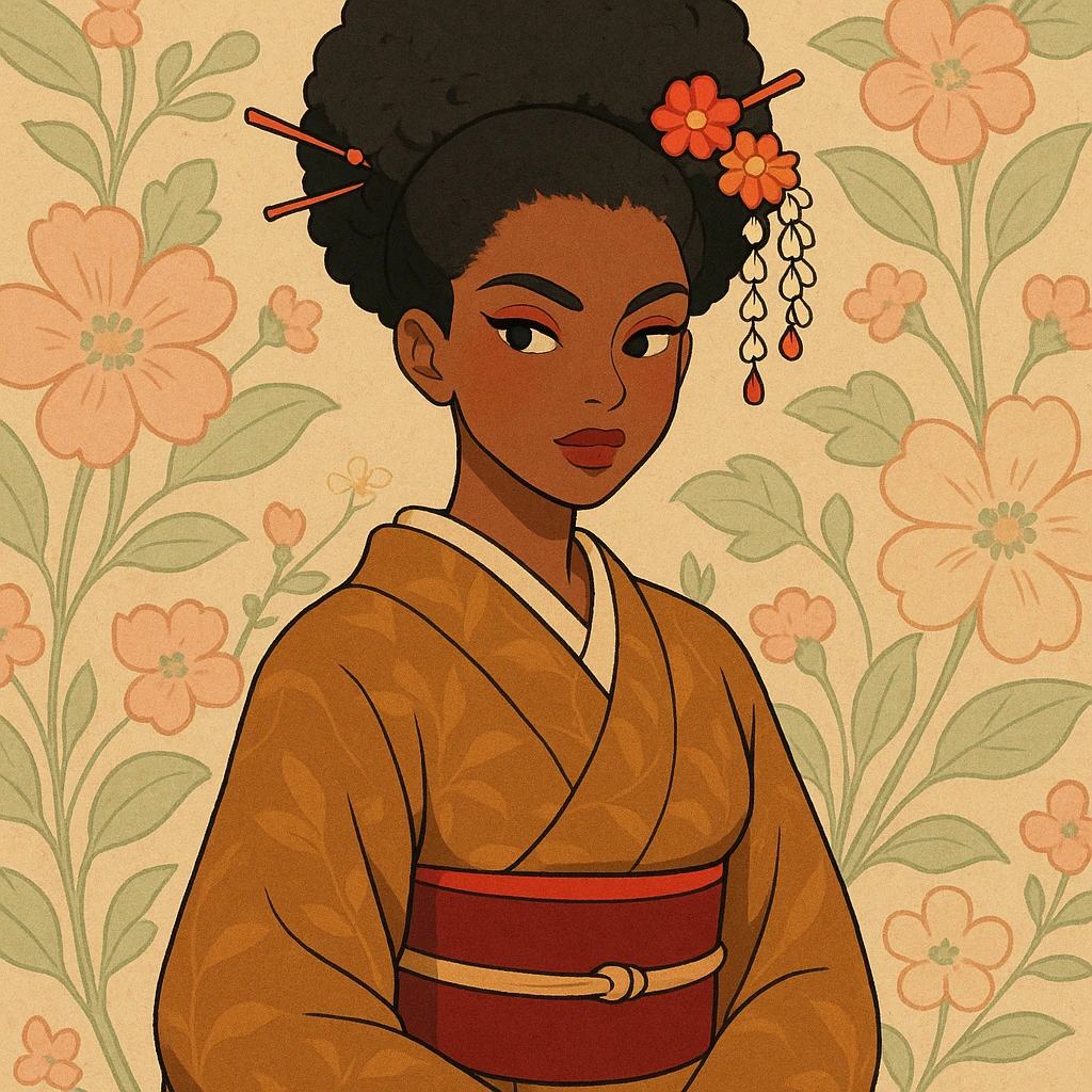 brown-skinned geisha inspired by the reference image, modern afro hairstyle with hair ornaments, elegant kimono, confident pose, bold makeup, floral background, stylized illustration emoji