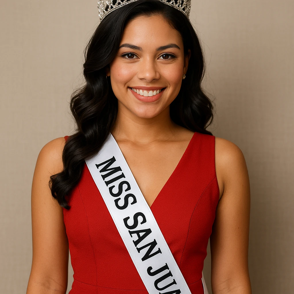 Add a white crossbody pageant ribbon that says 'Miss San Juan' in black letters. emoji
