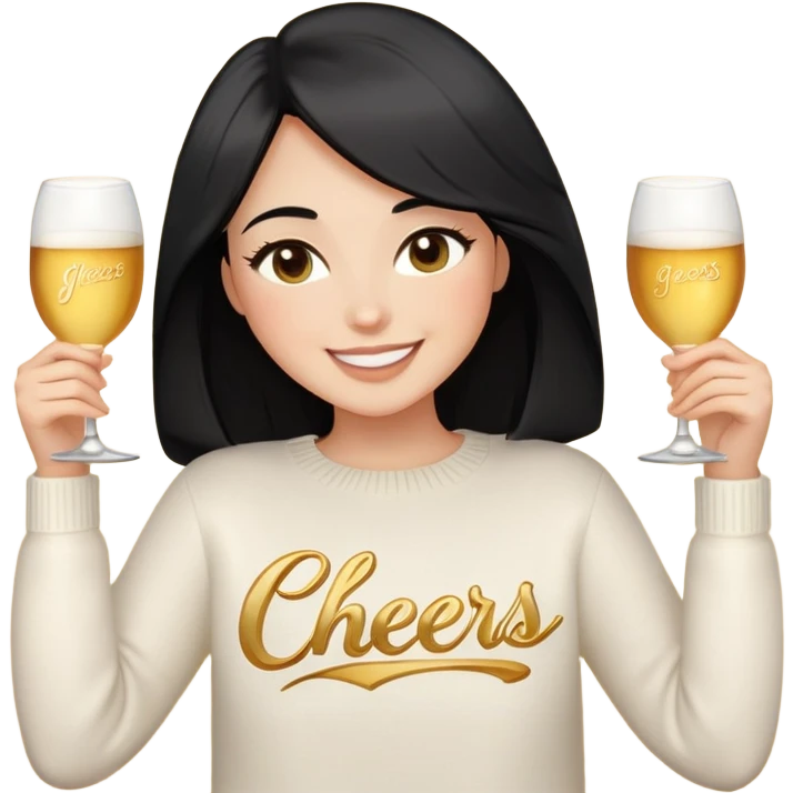A woman with longer black hair, light to medium skin tone, full cheeks, and almond-shaped eyes, wearing a simple white sweater with the word 'cheers' in gold script, joyful and radiant expression, cheerful, emoji style, just her torso, no hands, no cups. emoji