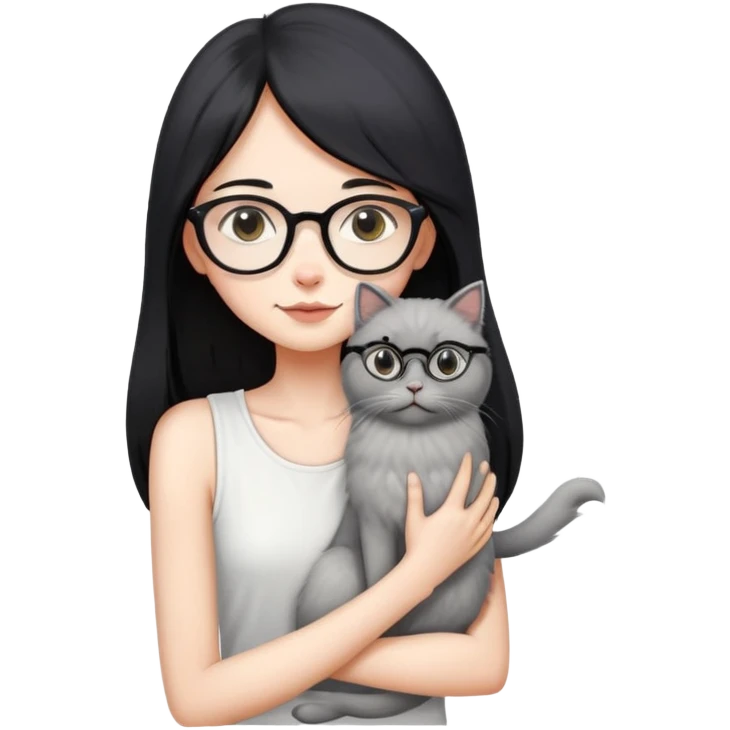 Skinny woman with oval glasses, long straight black hair, wearing white sleeveless top, hugging a grey Persian-Angora cat, plain background emoji