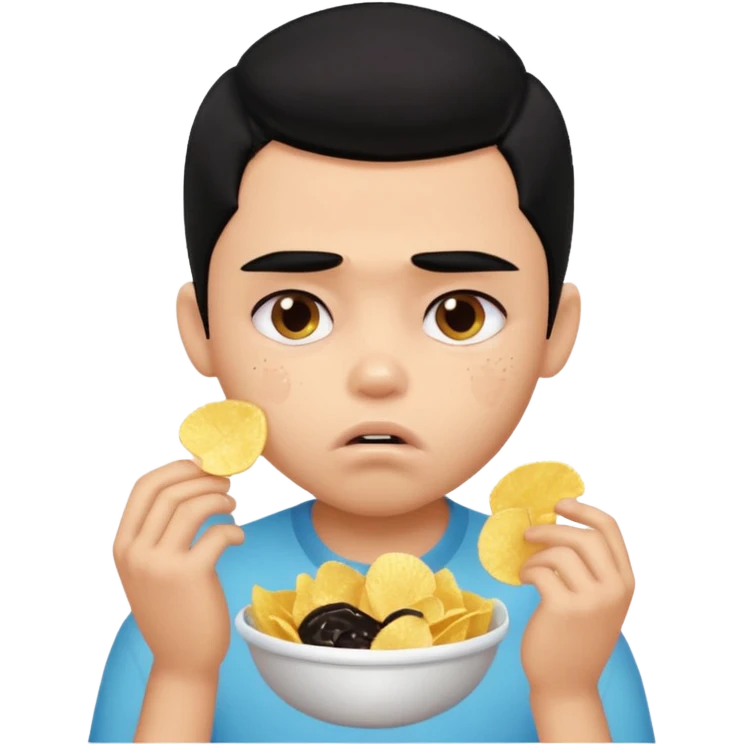 a PRETTY BRATZ boy with black hair, stuffing his face with chips and looking sad emoji