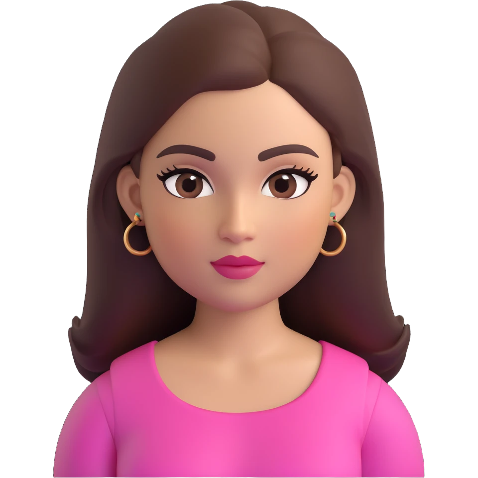 female memoji with oval face, warm light skin tone, rosy cheeks, elegant makeup with long eyelashes, defined eyeliner, light pink lips, long straight dark brown voluminous hair, arched eyebrows, dark brown eyes, colorful top, small visible tattoo on arm emoji