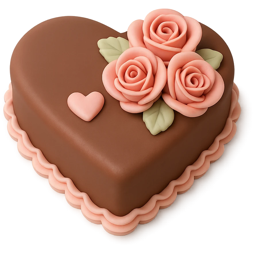 heart-shaped chocolate fondant cake with piped roses, transparent background emoji