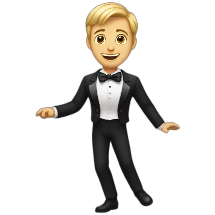 A short hair guy dancing in a tuxedo emoji
